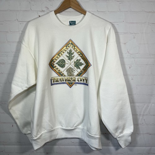 Vintage Michigan Traverse City Sweatshirt Herren Gr. XL weiß erhabener Schriftzug