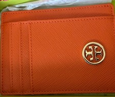 Tory Burch Orange Logo Women's Card Wallet Credit Card Holder Solid Pattern