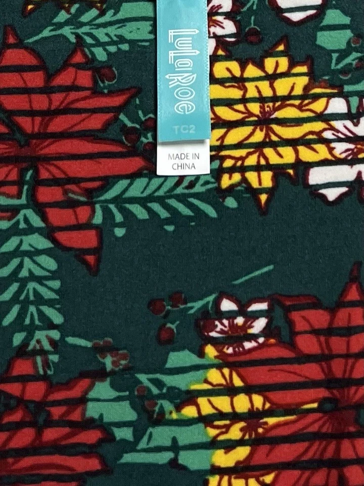 Leggings LuLaRoe TC2 Alto Curvilíneo 2 Navidad Floral VERDE Vacaciones Poinsettia SUAVES Foto 4 de 4