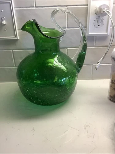 Glass Pitcher Blenko Green Handblown Crackle BIG 10 1/2”  USA Vintage