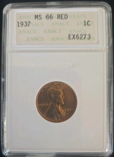 1937 Lincoln Cent ANACS MS66 RD Red   Old Soapbox Holder Very Nice