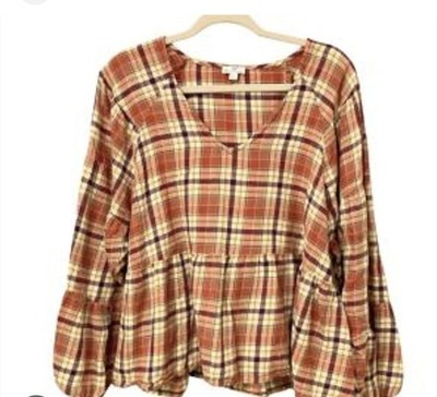 DIP 100% Organic Cotton Long Puff Sleeve Checkered V-Neck Peasant Top Womens XL