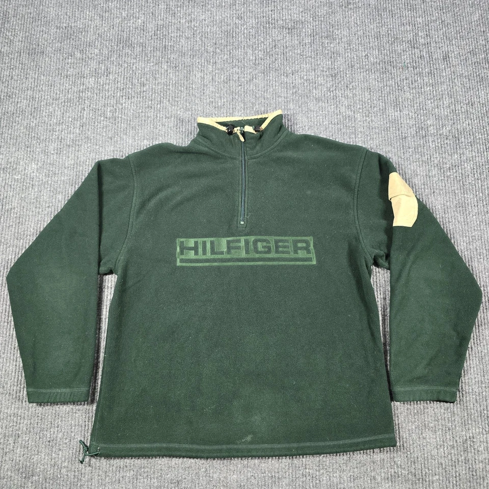 Pulôver masculino vintage Tommy Hilfiger grande verde lã quarto de zíper ao ar livre anos 90 - Imagem 2 de 4