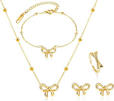 Bow Necklace Earrings Bracelet Gold Jewelry Set Trendy Bowknot Ribbon Choker Nec