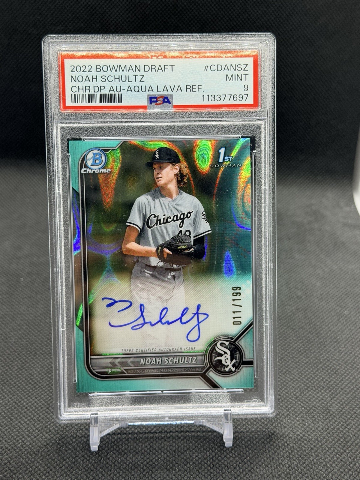 Noah Schultz 2022 Bowman Chrome Draft #11/199 Auto 1st Aqua Lava Refractor PSA 9