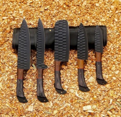 HAND FORGED DAMASCUS STEEL CHEF KNIFE KITCHEN SET WITH wood HANDLE and roll bag