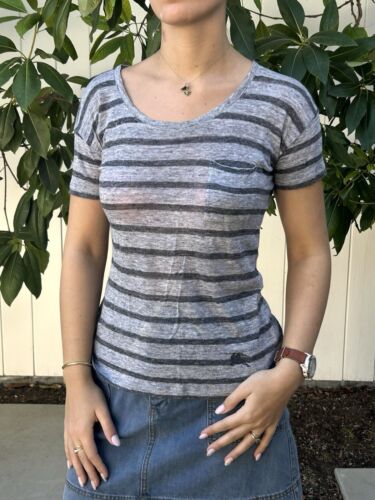 Burberry Brit Sz XS 100% linen T-shirt striped Embroidered Logo