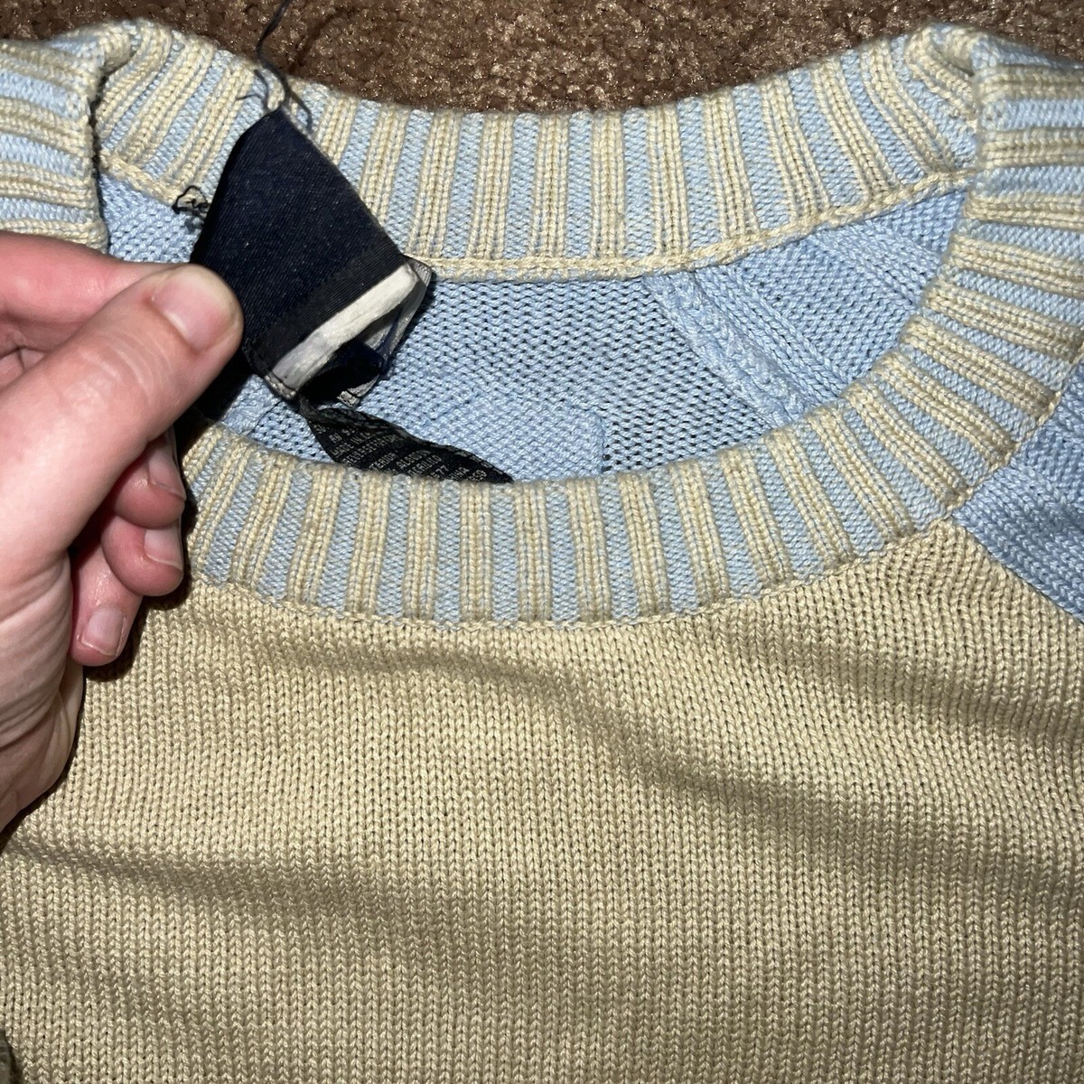 90s y2k PHAT FARM ニットセーター ノースカロライナブルー 刺繍 Vtg 90s Y2k Mens Phat Farm Embroidered Tan Blue Knit Sweater