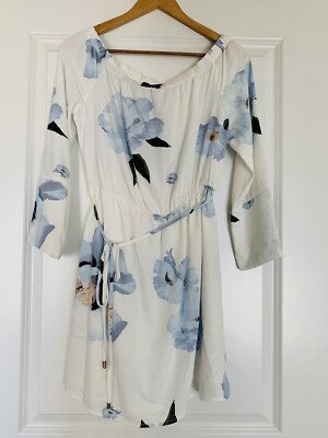 Dynamite Womens Summer Off Shoulder Dress White/Blue/Floral Sz Med $49.95