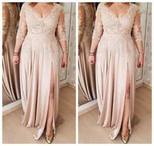 Elegant Champagne Chiffon Mother of the Bride Dresses 3/4 Sleeve Applique V Neck