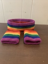 1 Headband, 2 Sport Wristbands Cotton Athletic Sweatband Rainbow And Fannie Pack