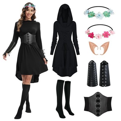 Gothic Mittelalter Kleidung Damen Renaissance Kostüm Robe Kapuzenkleid Hallow...