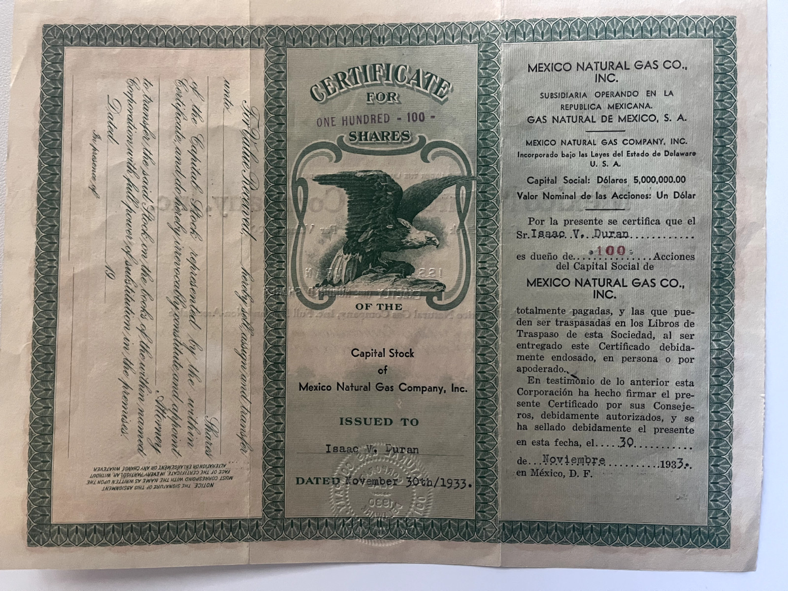 Vintage Stock Bond Document Paper Mexico Cerveza Telefonos Telegrafos Telmex