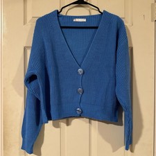 Blue knit cardigan sweater