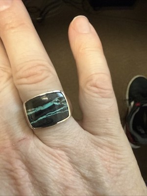 Navajo Billy Long Inlay Blackjack Turquoise Ring Sterling Silver Size 11 1/2