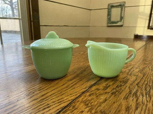 Vintage Fire King Jadeite Jane Ray Creamer and Sugar Bowl w/Lid