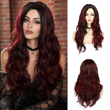 Black Red Wig for Women Long Wavy Wig Highlights Layered Middle Part 2