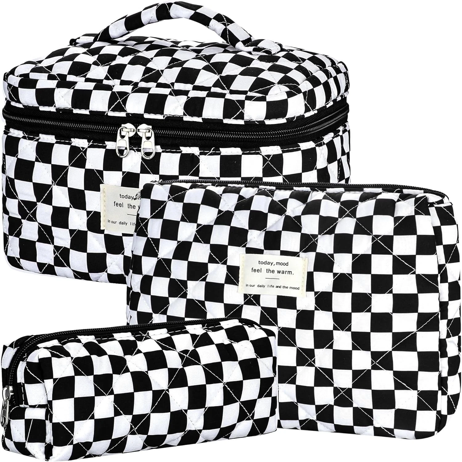 Quilted Makeup Bag Set 3 PCS Cute Floral Cotton Makeup Bag Large Coquette