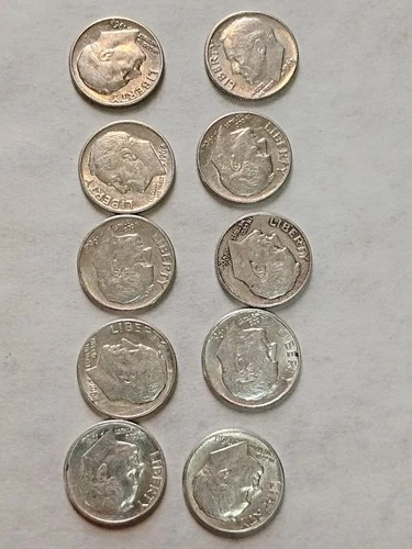 Lot of 10 - U.S. 90% Silver Roosevelt Dimes 1962- 1964 P D XF $1 Face #23