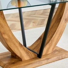 Modern Glass Top Dining Table Wood Metal Base Geometric Support Frame