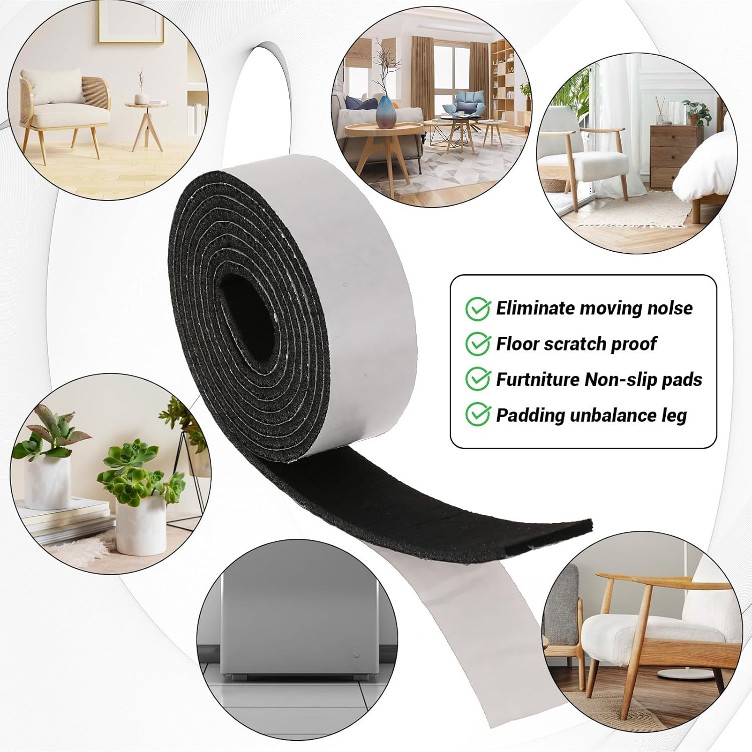 120 X 1 Inch Felt Strips with Adhesive Backing, 2 Rolls Non Slip Black 