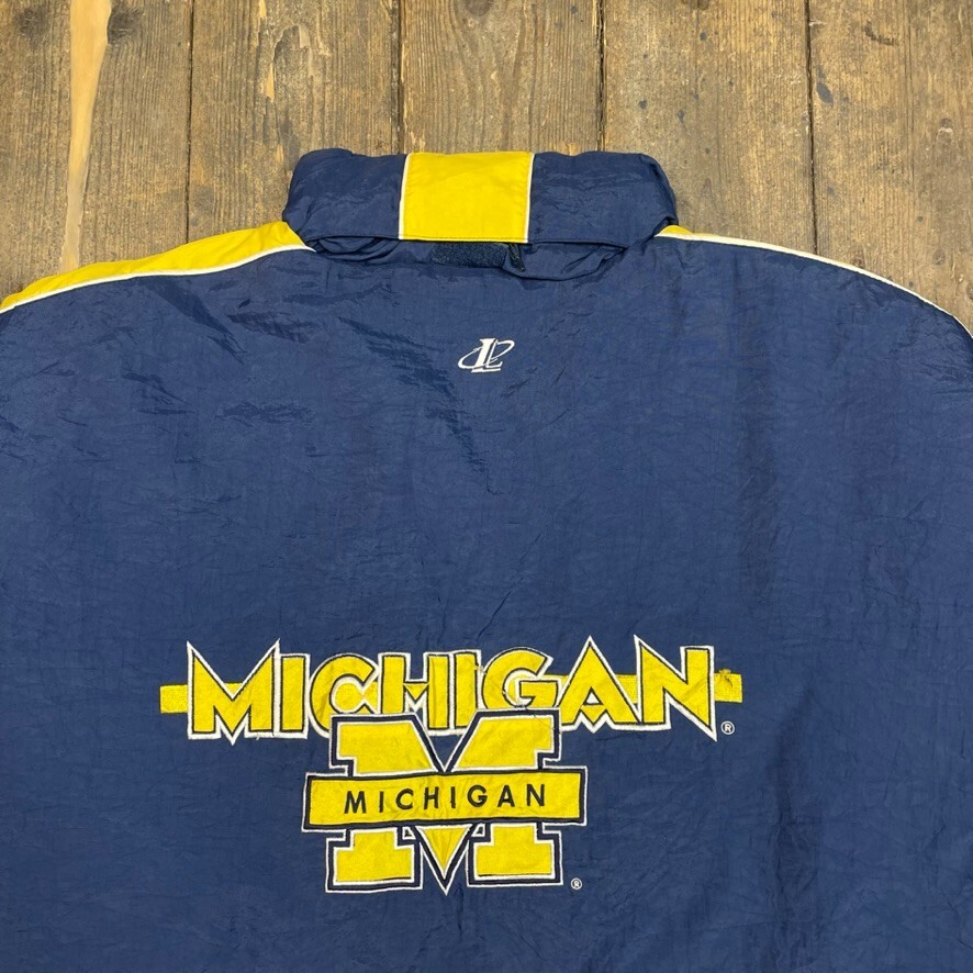 Logo Athletic Puffer Coat Michigan College Full Zip Vintage Jacket Navy, Mens XL image 9