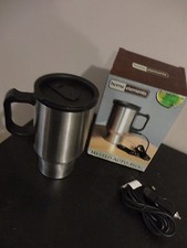 HOME ELEMENTS STAINLESS STEEL FINISHED HEATED AUTO MUG 16 OZ