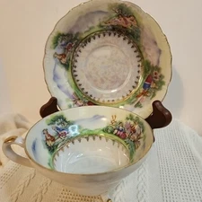 VTG Del Mar Japan Lustreware Lustre Cup and Saucer Footed 24K Gold Trim Pastoral