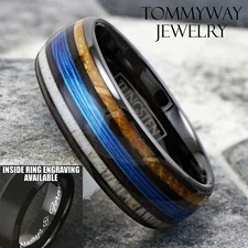 Personalized Engraved Black Tungsten Ring Fishing Line-Wood & Deer Antler Band