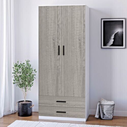 White Carcass + Ash Grey Drawers Tall Wooden 2 Door 2 Drawers Bedroom