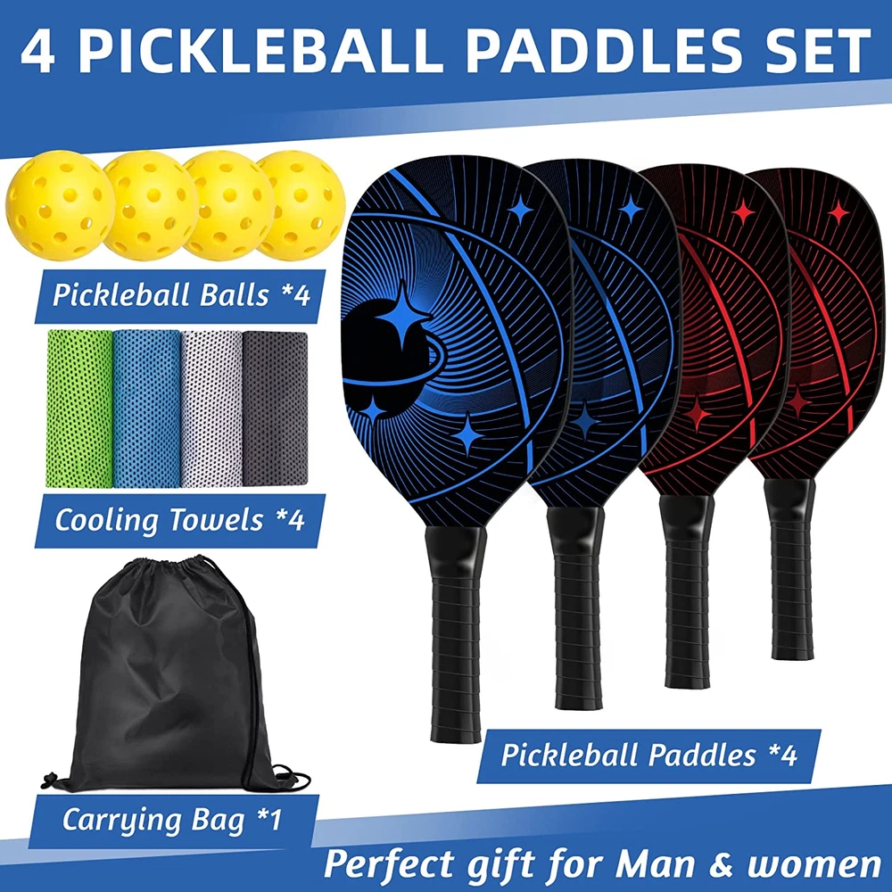 Pickleball Set with 4 Wood Paddles, 4 Balls, 4 Towels & Carry Bag