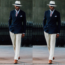 Navy Blue Striped Men's Suits Peak Lapel Double Breasted Wedding Tuxedos Blazer