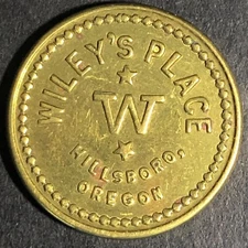 Wiley's Place Hillsboro Oregon -- G/F 5c Brass Trade Token "W"  22mm