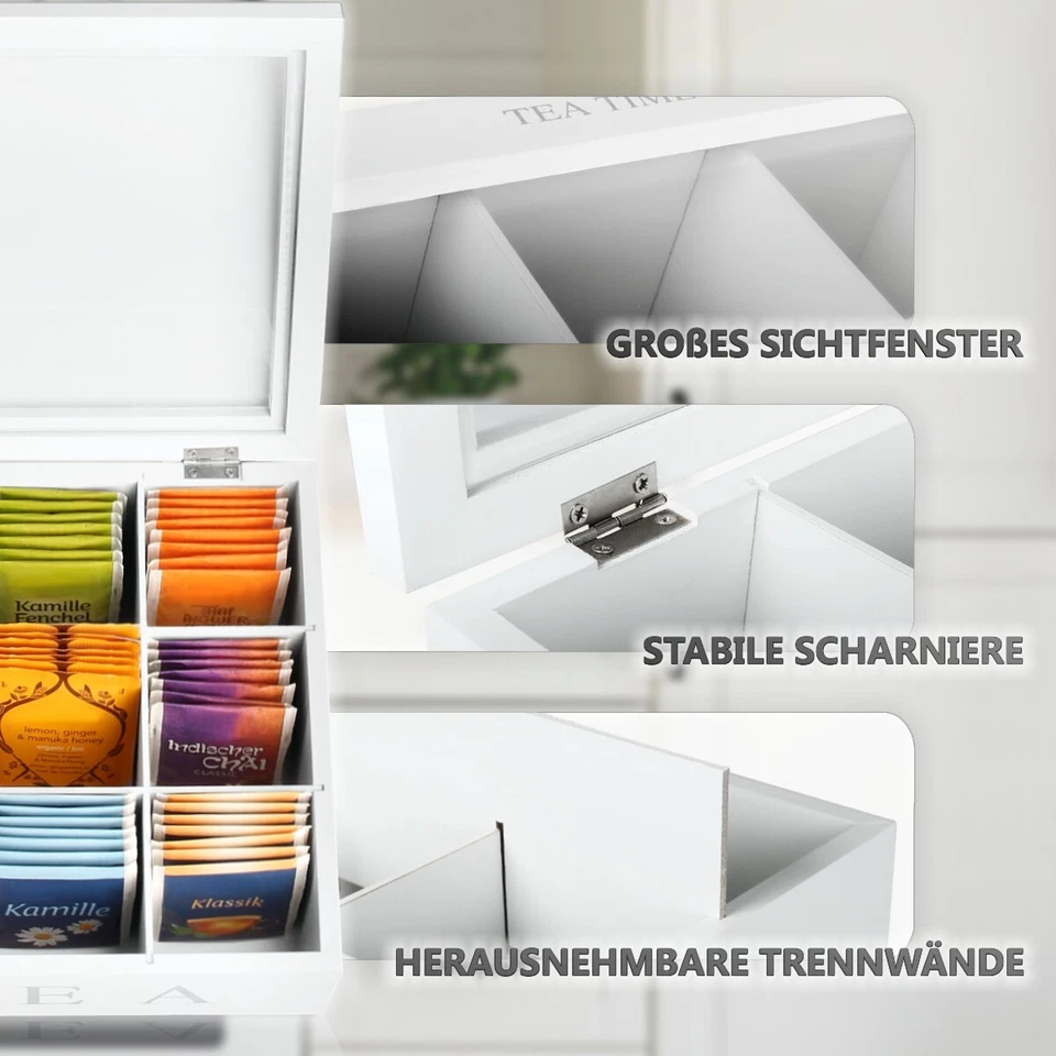 Teebox 9 Fächer Teekiste Holz Teekiste weiß Tee Dose Teebeutel Deko Aufbewahrung - Bild 2 von 4