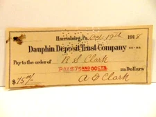 1918 cancelled check drawn on Dauphin Deposit Trust Co., Harrisburg, PA