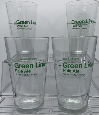 (4) Goose Island Green Line Ale 16oz Pint Glass ''Hop on Board'' glproject