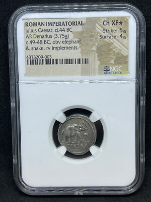 Julius Caesar Roman Imperatorial, AR Denarius 49-48 BC NGC Ch XF  5/5 Elephant!