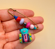 Colorful Cat Beaded Safety Pin Brooch Folk Art Whimsical Boho Statement Gift