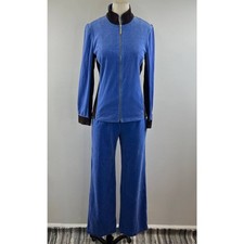 ST JOHN Sport Blue Brown Velour 2-Piece Track Suit Full Zip Jacket Pants P/S VTG