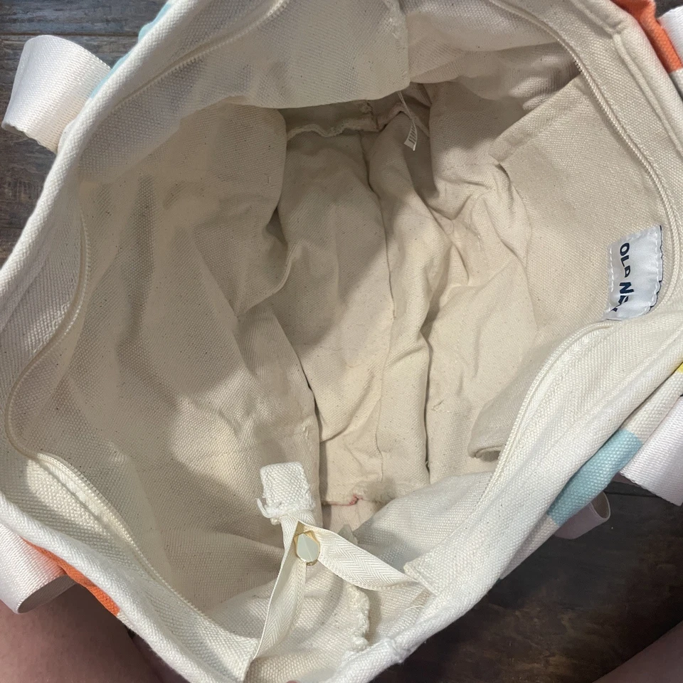 Old Navy Canvas Tote Travel Picnic Shopping Bag CREAM RAINBOW 🌈 COLORS ❣️ - Image 2 of 4