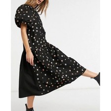 ASOS Black Star Embroidery Puff Sleeve Poplin Midi Smock Dress Whimsygoth US 4