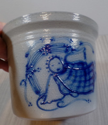 David Eldreth Pottery  Salt Glazed Angel Scene Crock  Nottingham  PA 5''