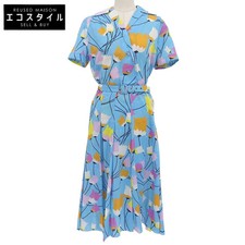 Gucci Cotton Linen Flower Print Short Sleeve Shirt Dress Light Blue Women's