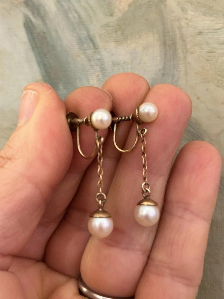 Pendientes antiguos de perlas de oro de 9 quilates 9k 375 Foto 2 de 4