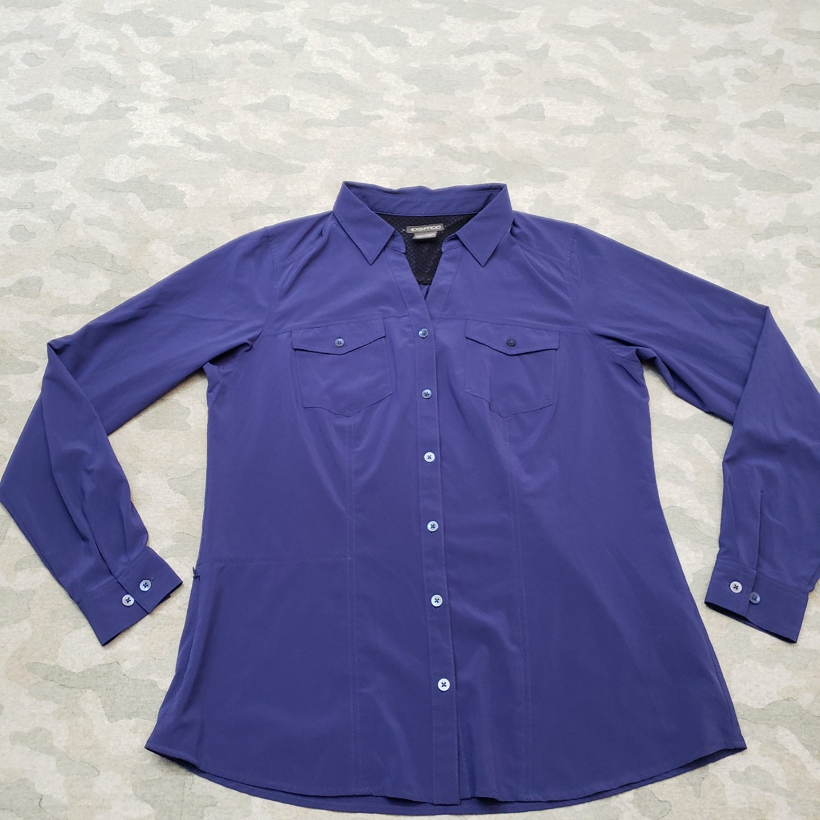 Exofficio Top Womens Large Blue Pockets Long Sleeve Button-Up Outdoors