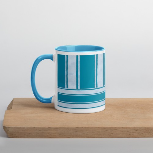 Tasse à café en céramique 11 oz blanc sarcelle rayé | Coupe de plage océan nautique côtier - Photo 2/30