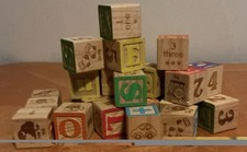 Lot Of 30 Vtg Wooden Toy Stacking Building Blocks Alphabet, Letters, Numbers