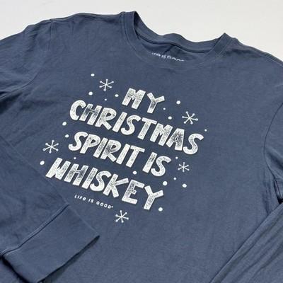 Life Is Good Shirt Mens Medium Blue Christmas Whiskey Graphic Long Sleeve