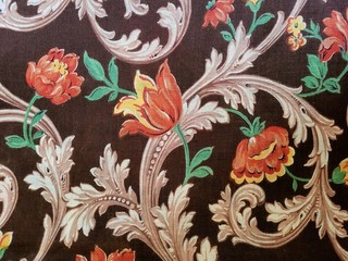 1930s 1940s Vintage Baroque Floral Coral Yellow Flowers Cotton Fabric 34w 2.5yds