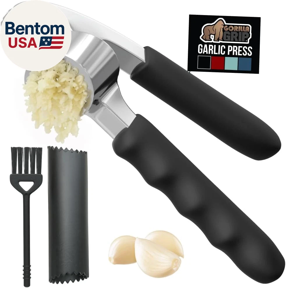 Garlic Press and Peel Set, Heavy Duty Mincer Tool, Large Ergonomic Handle, Easil
